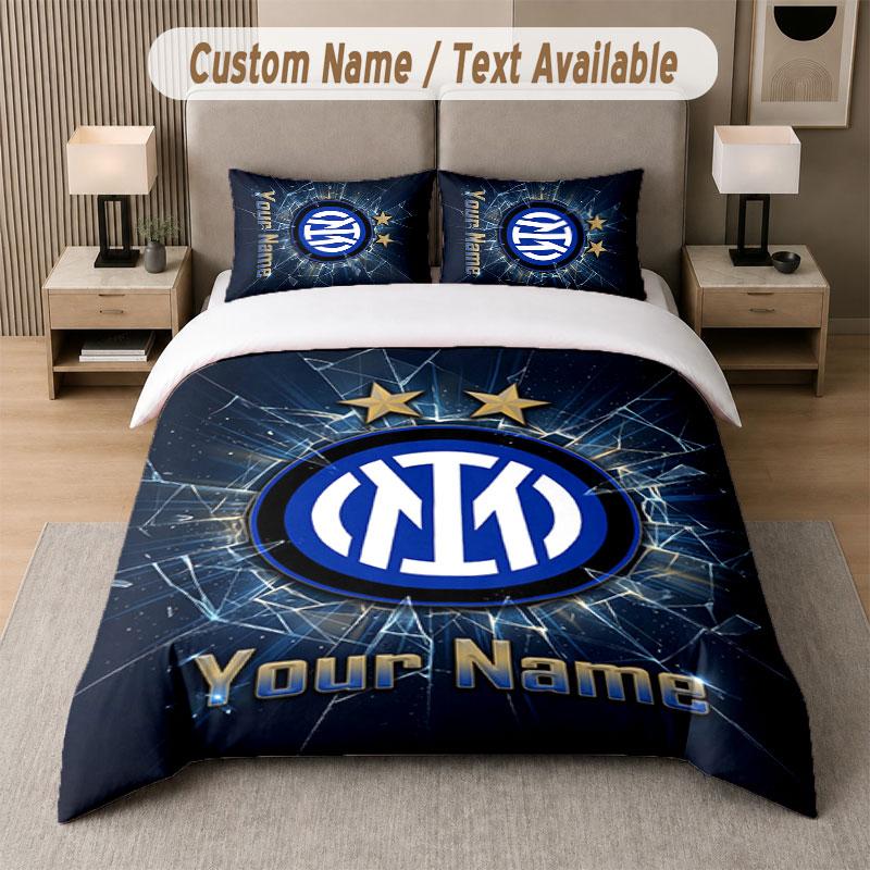 Set Biancheria da Letto Personalizzato Modello Inter Milan, Stampa Nome Testo 1 Copripiumino più 2 Federe Tessile per la Casa