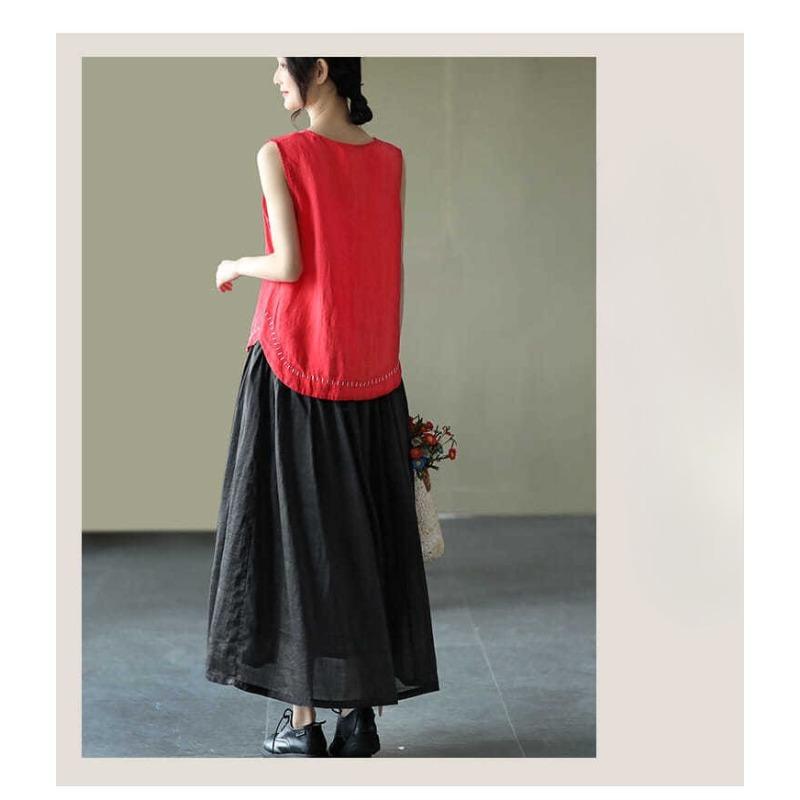 Solid Color Cotton and Linen Embroidered Vest T-shirt Women's Summer Loose Casual Sleeveless Top