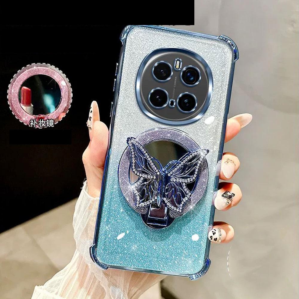 Glitter Mirror Butterfly Bracket Magnetic Holder Case for Oneplus 13 One Plus 13 12 12R 13R Oneplus13 R Shockproof Clear Cover