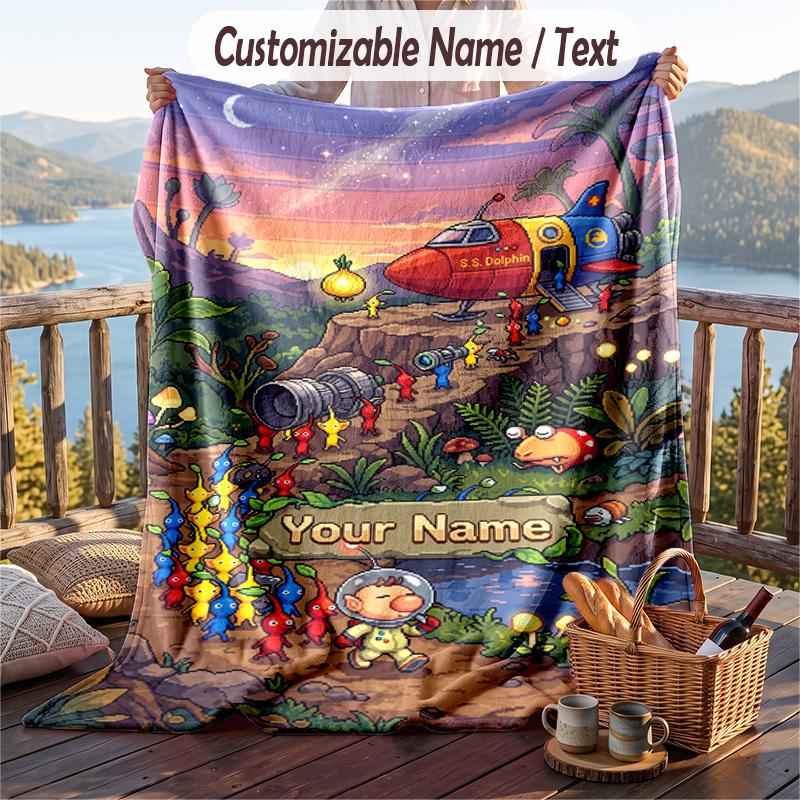 Custom Text Flannel Throw Blanket, Lightweight Cozy Bed Sofa BlanketPikmin