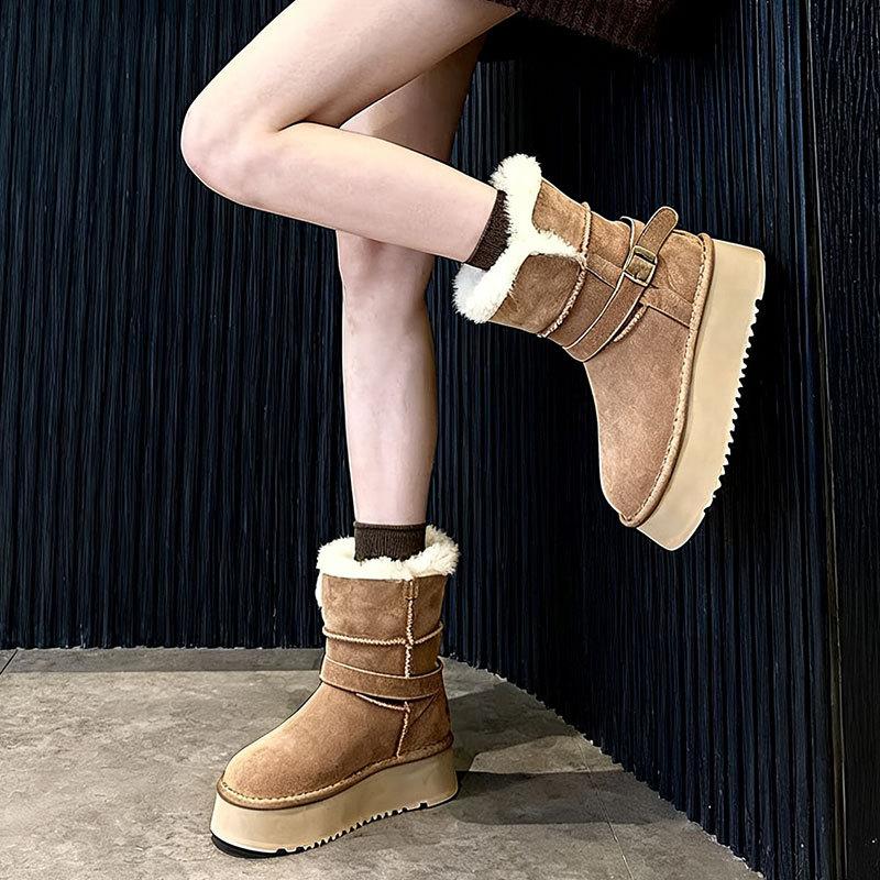 Women's lightweight belt thick sole winter warm one-step snow boots padded lining non-slip wear casual sports cotton boots