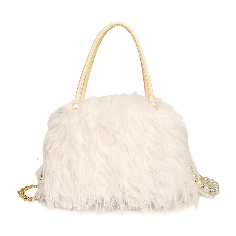 

Women s Autumn/Winter Plush Handbag with Fashionable Pearl Chain Crossbody Design 26*14*17cm білий