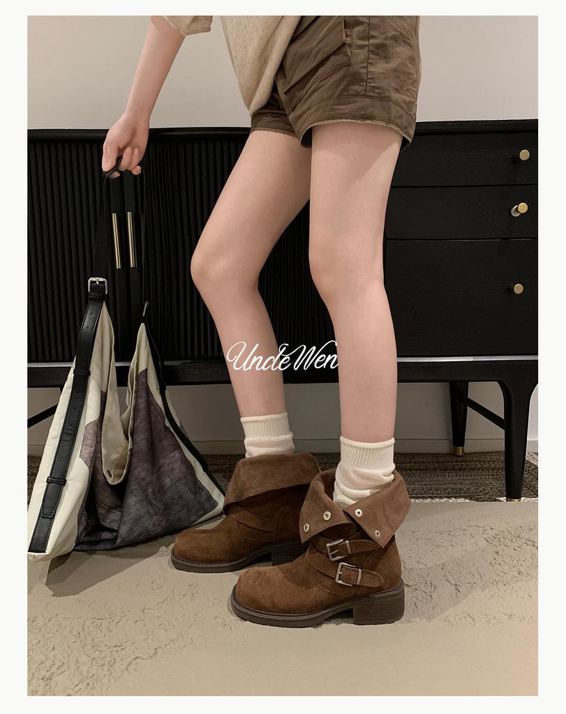 Cowhide version~ retro style women's shoes heightened 5.5cm Martin boots women's Maillard thick-heeled boots thick-soled buckle-strapped short boots