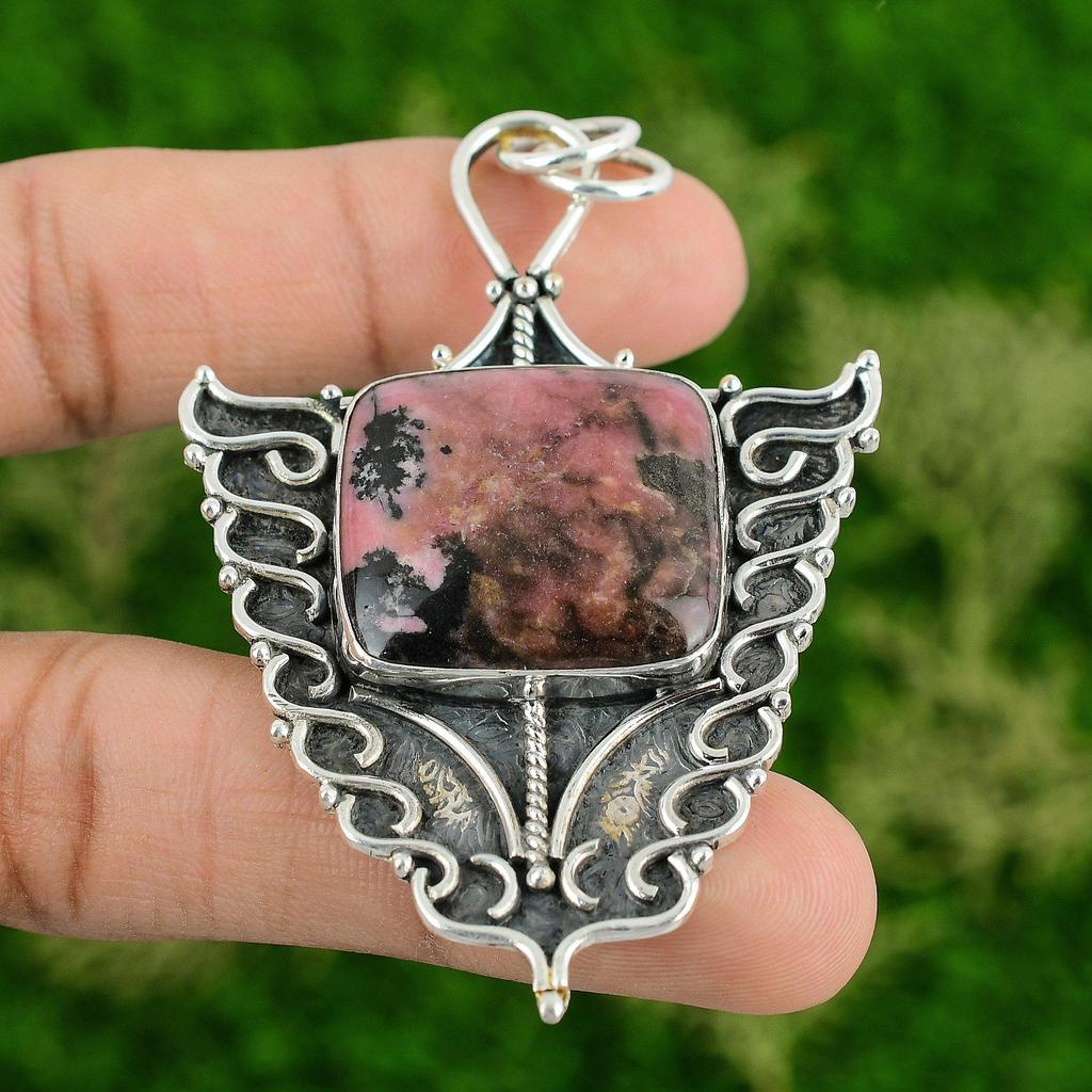 Daughters Day Sale Heart Chakra Rhodonite Gemstone 925 Silver Handmade Pendant