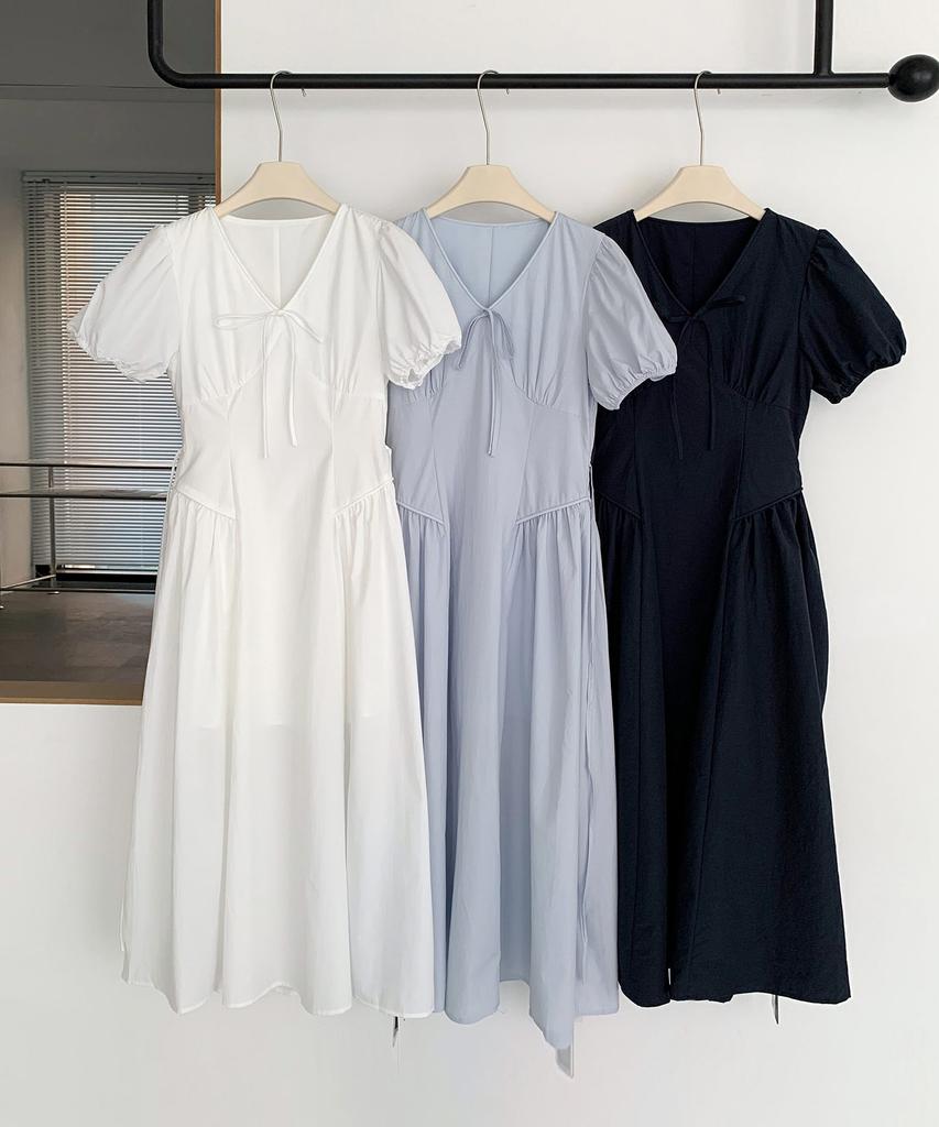 Baseukala Shirring Puff Ribbon Long Dress (3Colors)
