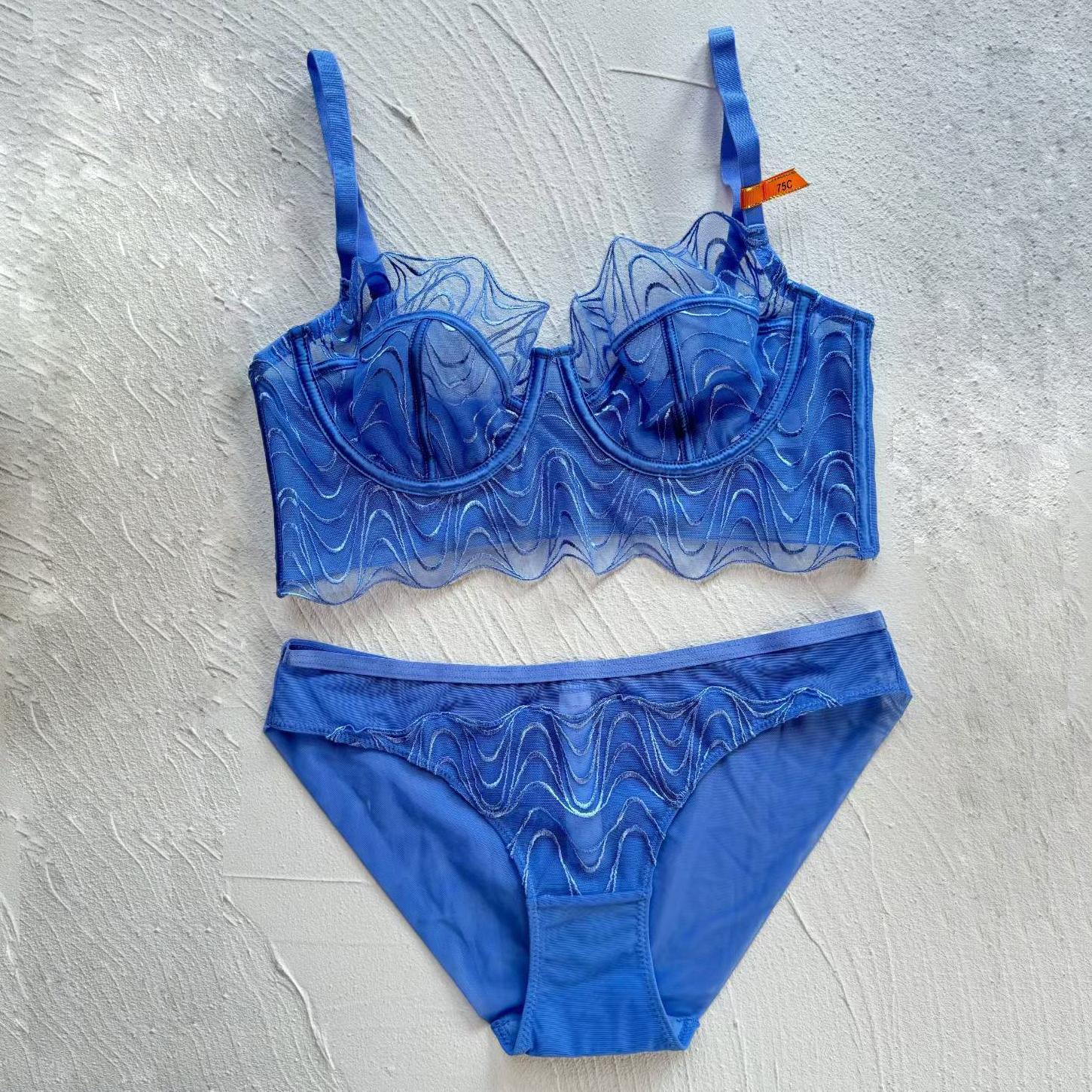 

Жіноча білизна Мереживні комплекти бюстгальтерів Ультратонкі інтимні речі Пуш-ап Великий розмір Чашка CDEFG Бюстгальтер Сексуальний повсякденний комплект білизни 95G синій