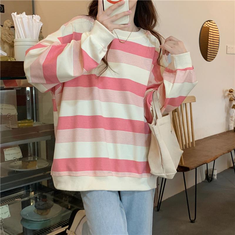 Stripes Clashing Color Loose Long-sleeved T-shirt Women Autumn Winter Thin Section Round Neck Sweater Female Student Tops Retro Versatile Sweatshirt