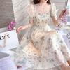 Elegant 2026 Summer Floral Chiffon Dress with Puff Sleeves and Slim Waist