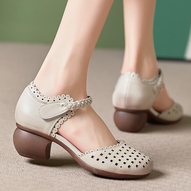 Fashion GKTINOO 2025 Summer Women Shoes New Soft Bottom Genuine Leather Women Sandals Retro Hollow Thick Heels Sandals For Mother