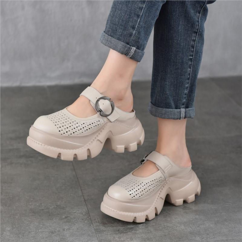 Johnature Легкі шльопанці з товстою підошвою та круглим носком з натуральної шкіри, перфоровані, дихаючі, жіноче взуття