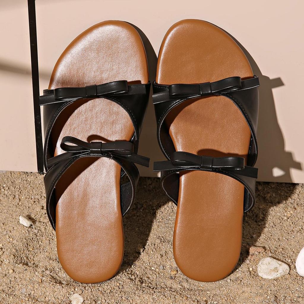 Women's Cross-Strap Bow Flat Mules - Round Toe Beach Slippers, Size 44