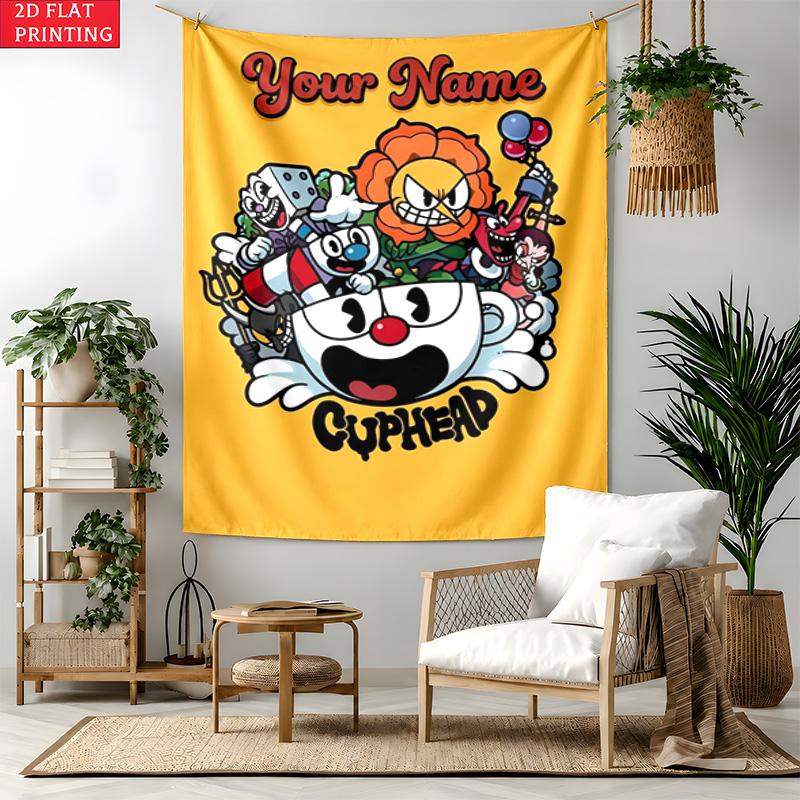 Cuphead Custom Name Tapestry Personalized Wall Art Hanging Bohemian Home Decor for Bedroom Dorm Living Room