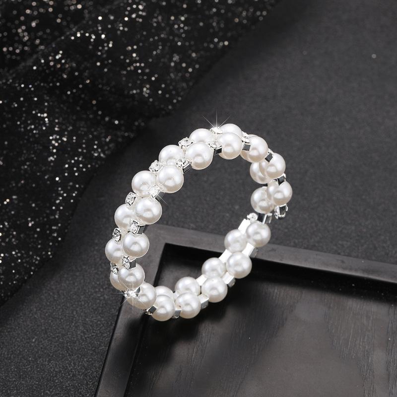 Multi-layer 8mm Pearl Rhinestone Bracelet, Bridal Full Diamond Elastic Bracelet Open Wound Diamond Bracelet