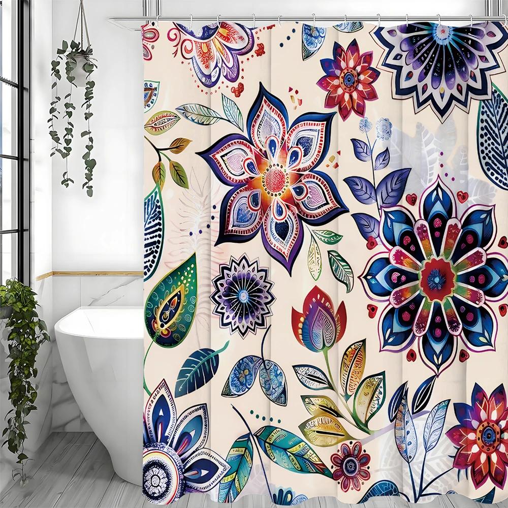 Böhmischer Stil Floral Duschvorhang, Badezimmer Dekorativer Duschvorhang, Wasserdichter Duschvorhang mit Haken