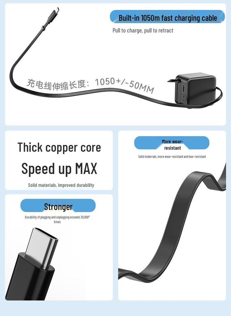 Gallium Nitride Multi-functional Charger with Retractable Cable for Huawei & Apple Devices