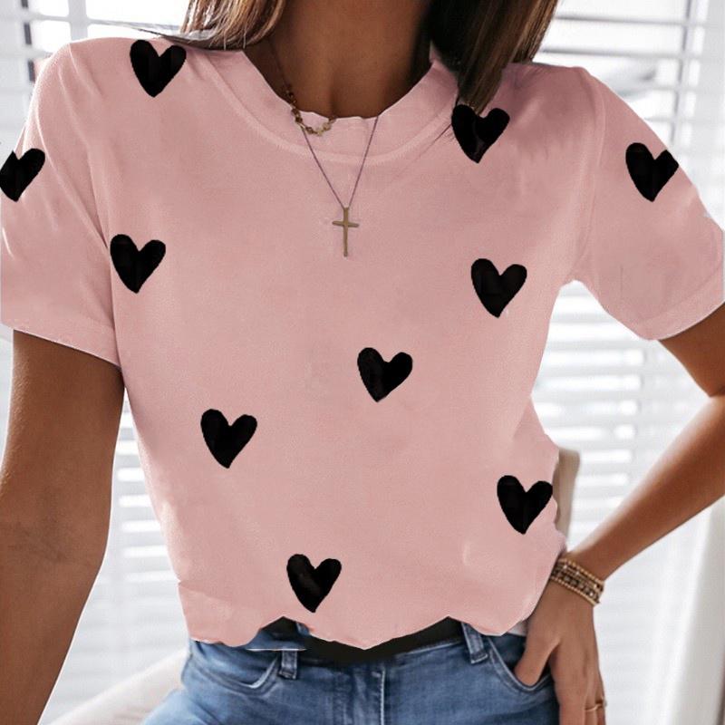 T-shirt da donna a maniche corte con stampa a cuore rosso per San