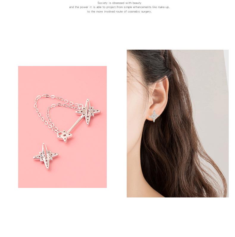 S925 Sterlingsilber Asymmetrische Stern Diamant Ohrstecker mit Kette für Damen - Mori Stil