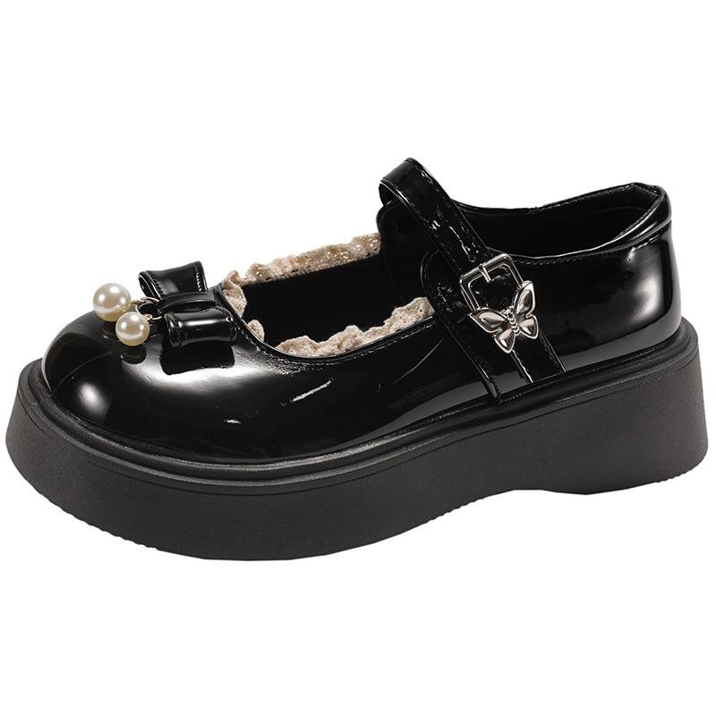 Black French Round Head Shallow Mouth Platform Single Shoes Women's Summer 2025 New Small Leather Shoes Versatile with Skirts Mary Jane Shoes