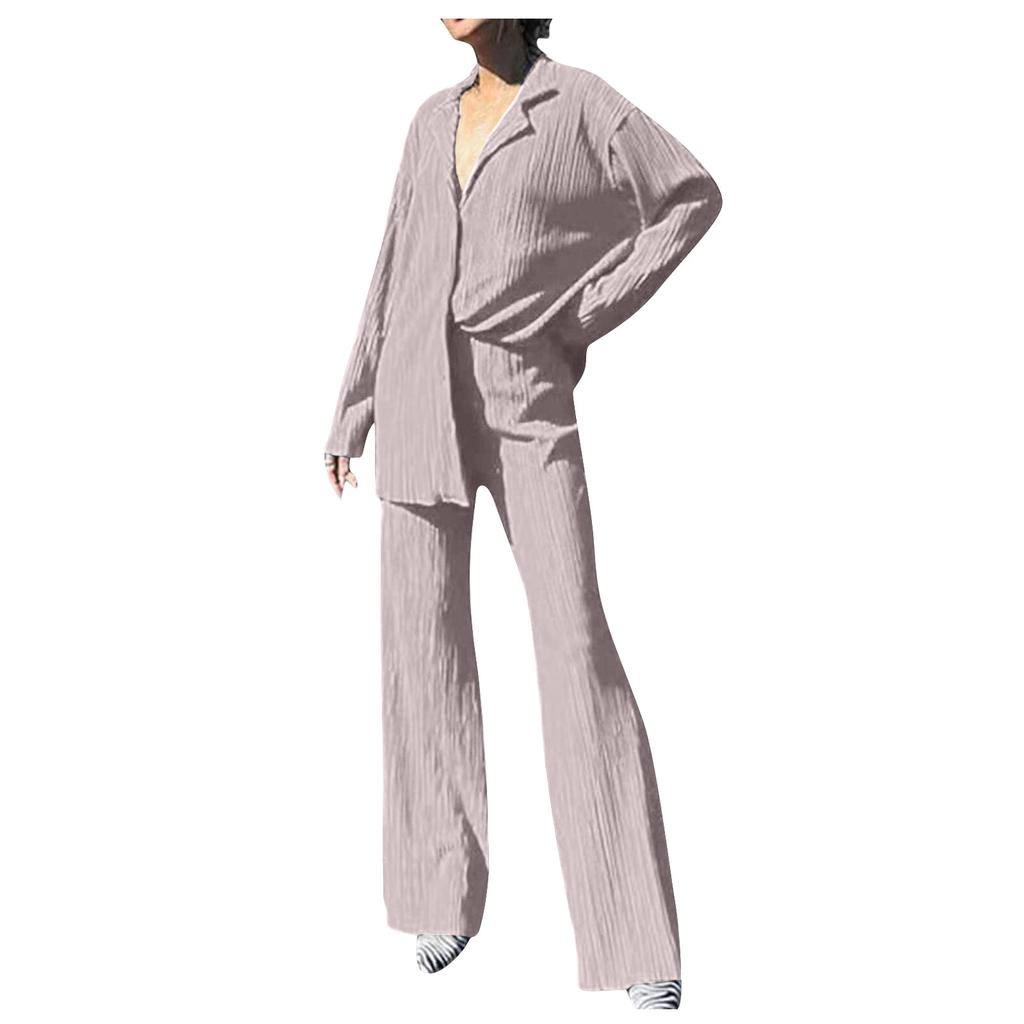 Women's 2 Piece Casual Outfits Long Sleeve Button Down Shirt High Waist Long Pants Loungewear Streetwear