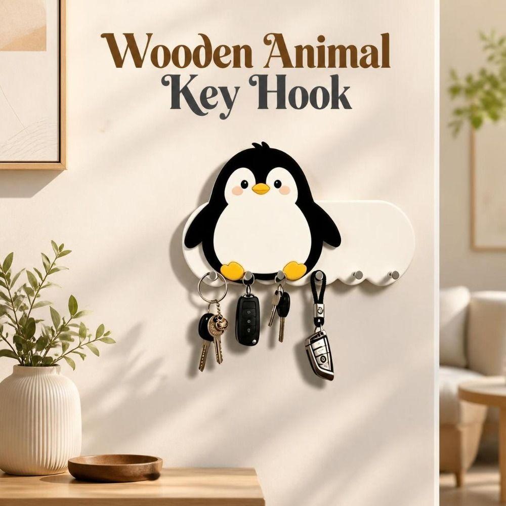 Cartoon Adhesive Key Holder Wooden Wall-mount Hanger Lovely Animal Key Hook  Hallway
