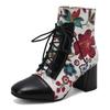 Sweet Women Ankle Boots Pink Red White Flower Print High Block Heels Casual Party British Lady Lace-up Winter Plush Short Boots