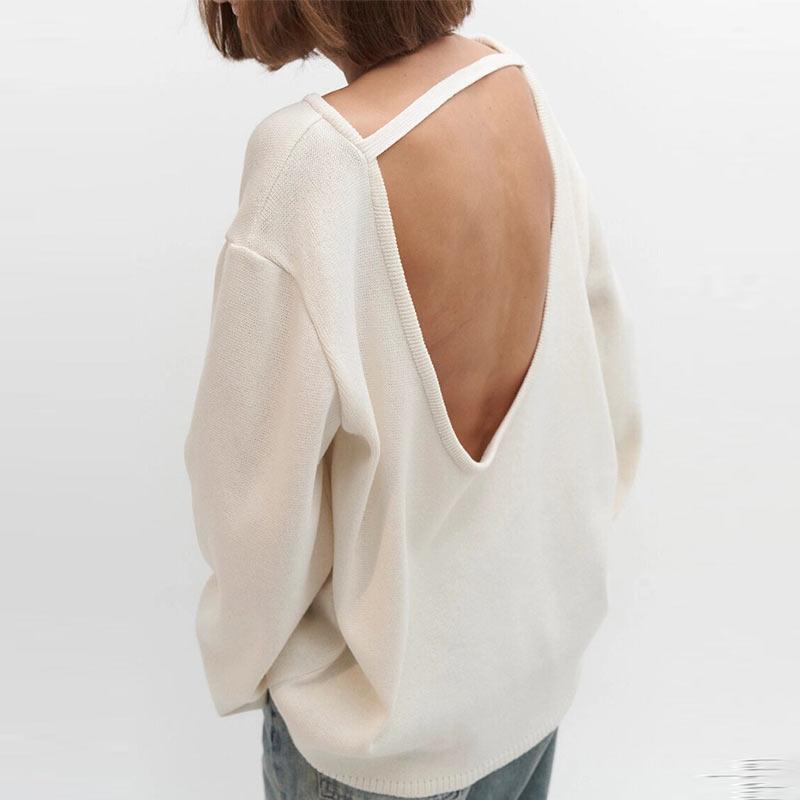 Cotton Pullover Overzie Sweater Women's Sexy Backless Loose Knit Sweater Round Neck Flared Sleeve Solid Color Pull Jumper Autumn/Winter 2025