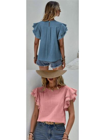 European & American Women's Casual Summer Round Neck Ruffle Batwing Short Sleeve Top