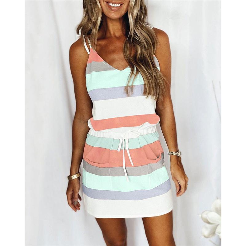 Summer Women's Stripe Printing Fashion Versatile Women's Sling Dress Waist Waist Length Tank Top Skirt Women's