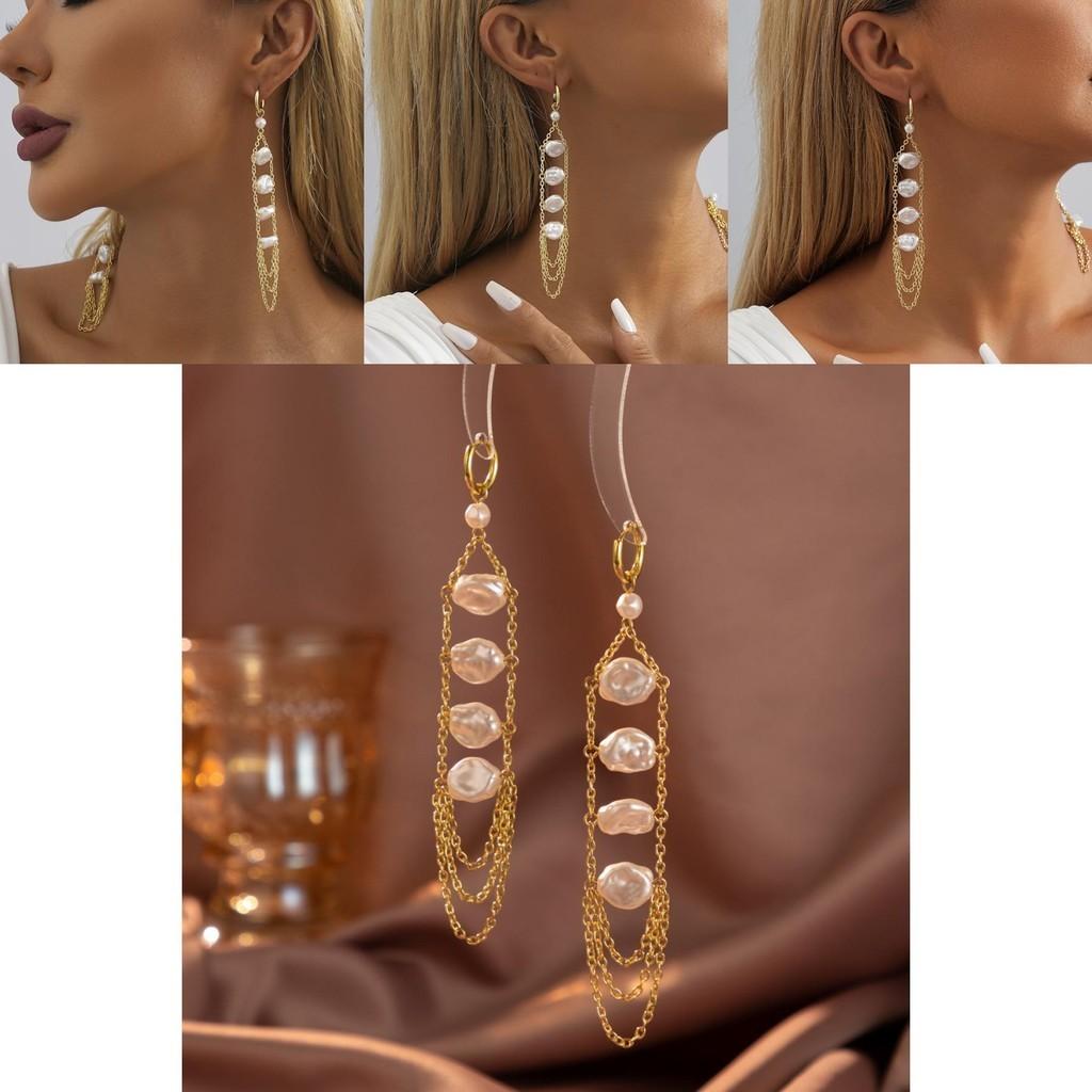 White Chic Geometric Pearl Earrings With Chain Tassels For 2023 Women