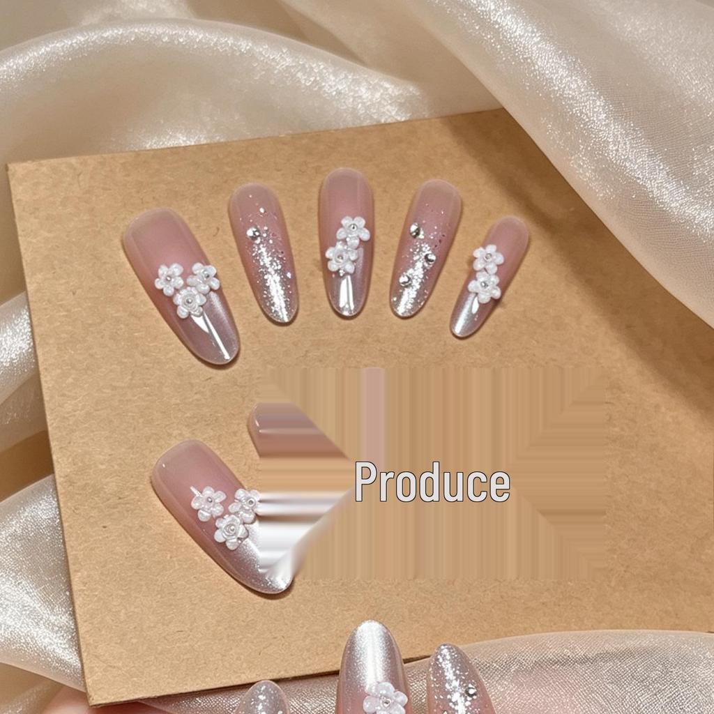 Autumn Bridal Rhinestone Long Nails - Elegant Whitening False Nails for Weddings