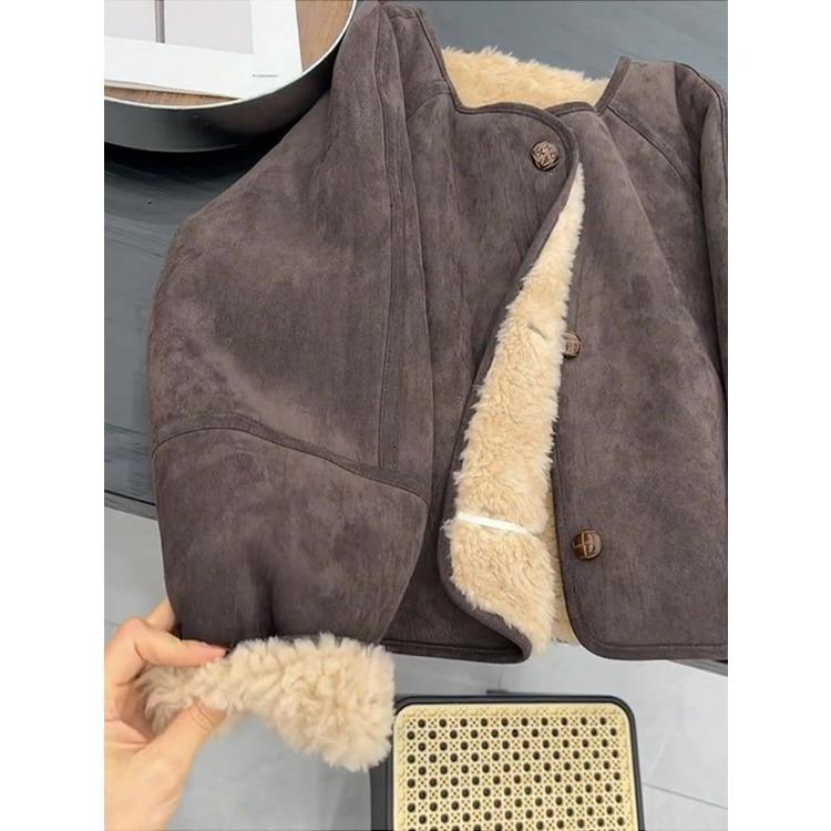 Varm vinterkåpe for kvinner Koreansk mote Enkel løs fleecefôret jakke