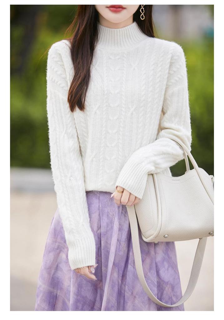 Autumn 100% Pure Wool Cable Knit Half-High Neck Sweater - Solid Color, Loose Fit