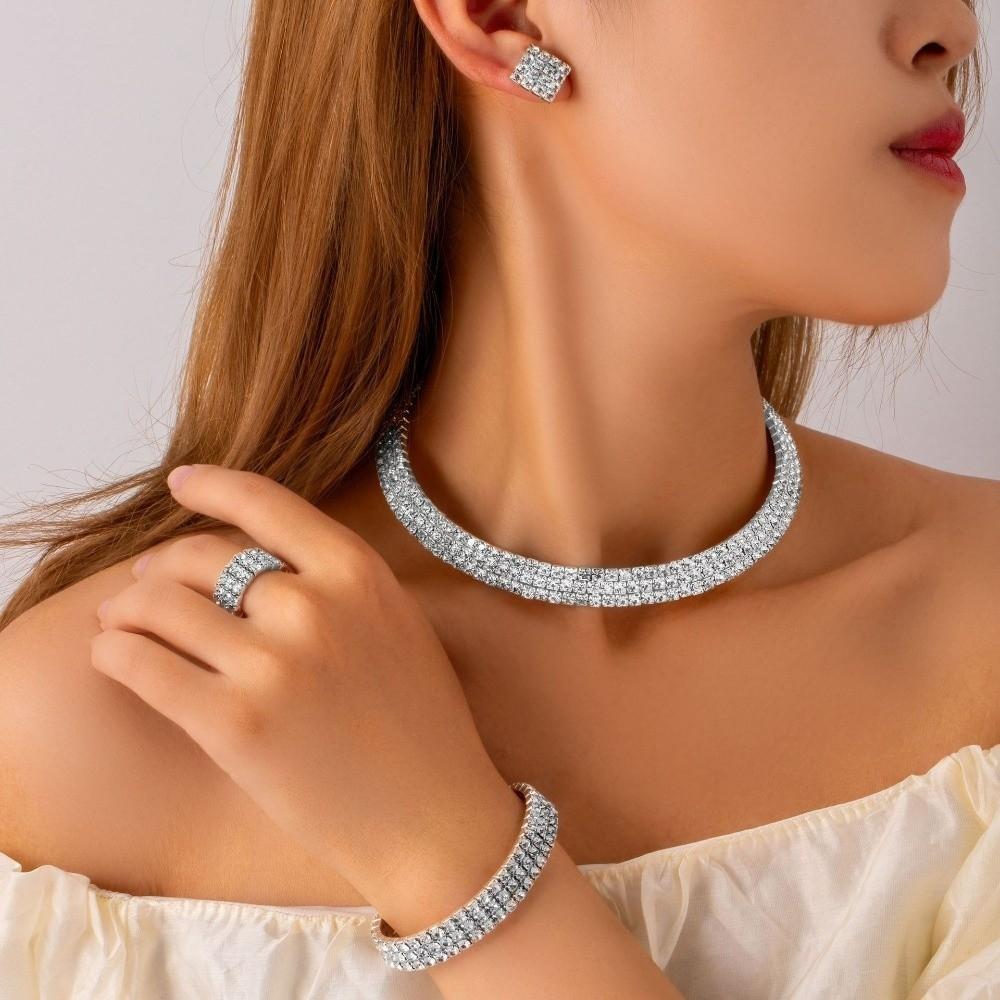4Pcs Multilayer Necklace Bracelet Earring Ring Set Shiny Rhinestone Choker Bridal Jewelry Set Women