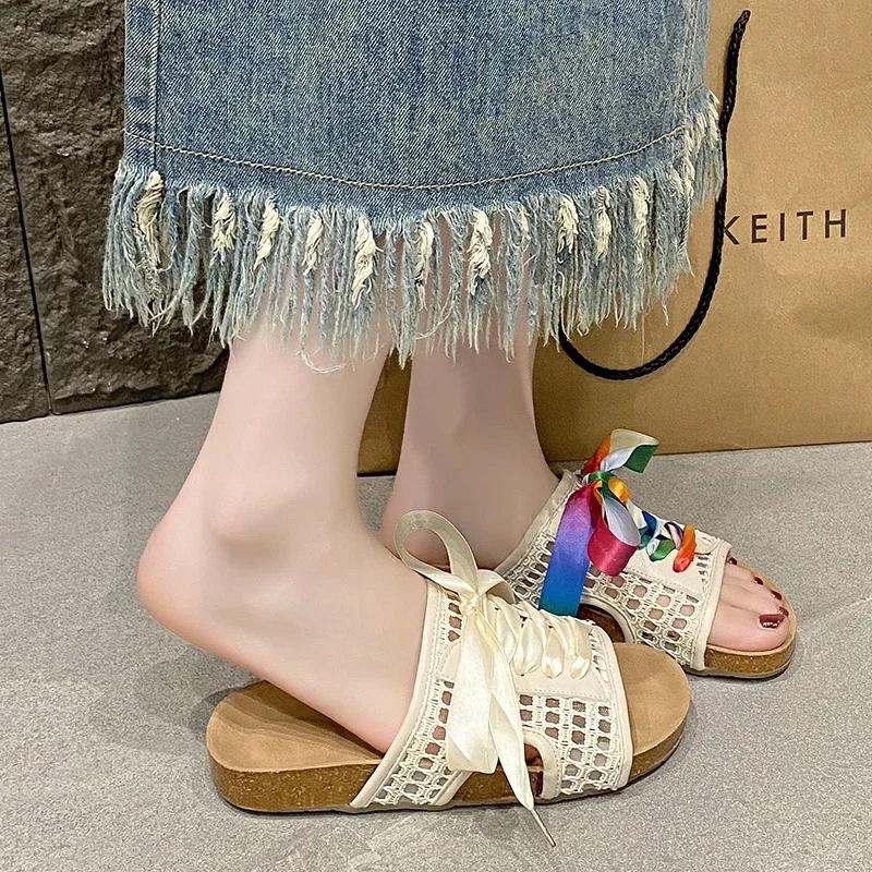 

Fashion Ladies Shoes 2025 Summer Lace-up Luxury Women s Slippers Fashion Color Matching Outdoor Casual Sandals Plus Size Flat Slippers 35 покинуть белый