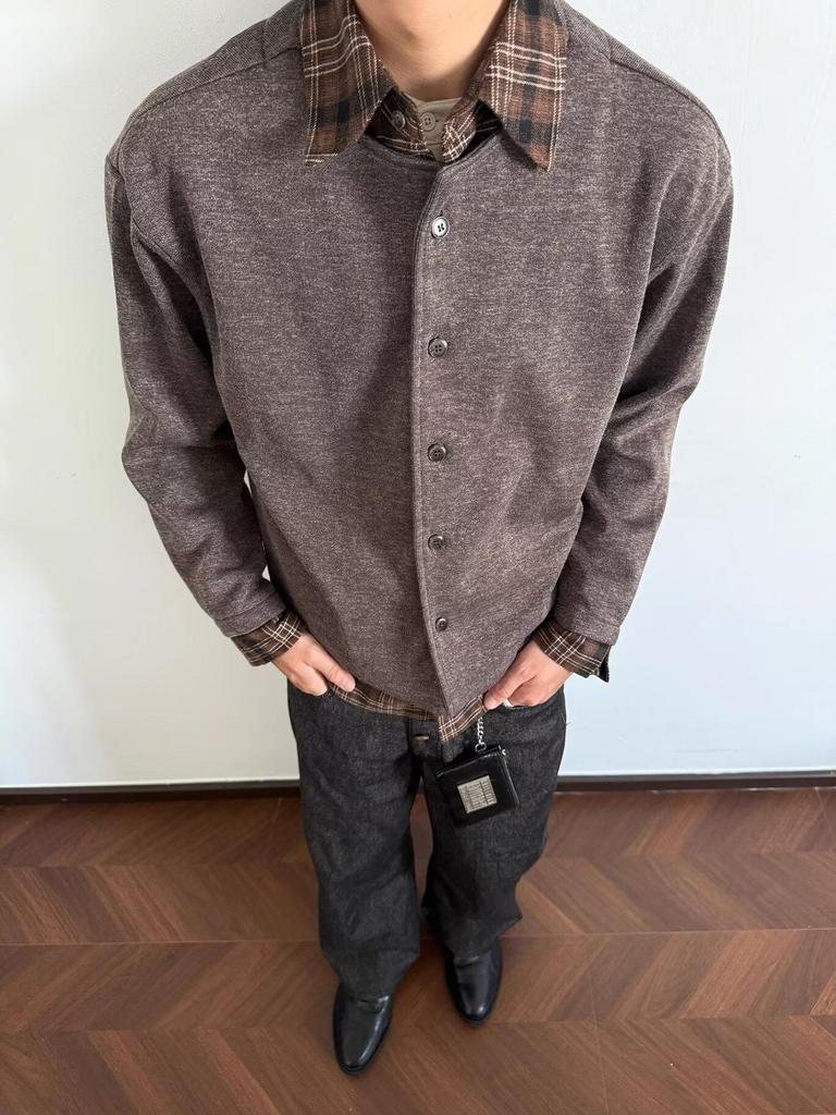 2025 Spring/Autumn Retro Faux Two-Piece Patchwork Knit Cardigan with Shirt Collar