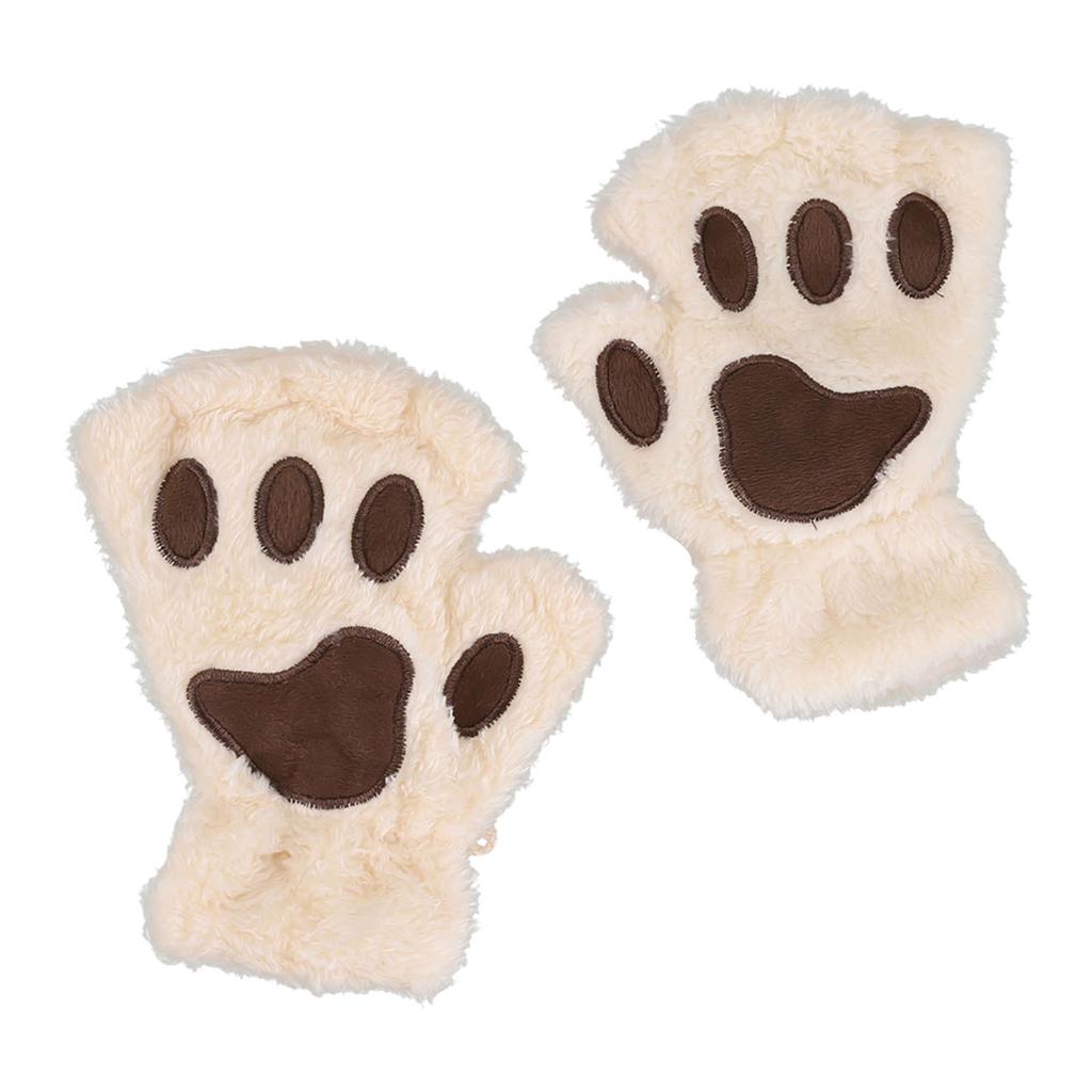 Cat Paw Gloves Thicken Keep Warm Velvet Breathable Half Finger Gloves Cute for Home Travel Beige