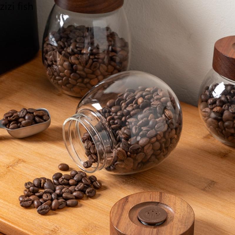 Unidirectional Exhaust Coffee Bean Can Glass Storage Jar Wooden Cover Coffee Powder Seal Pot Tea Caddy Storage Bottle Organizer