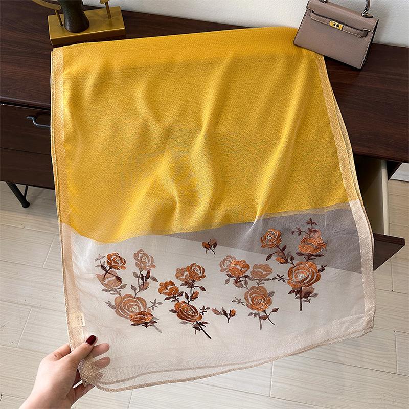 Simulation Silk Handmade Embroidered Scarf Spring And Autumn High-End Foreign Silk Scarf Femininity Easy To Match Decorative Shawl