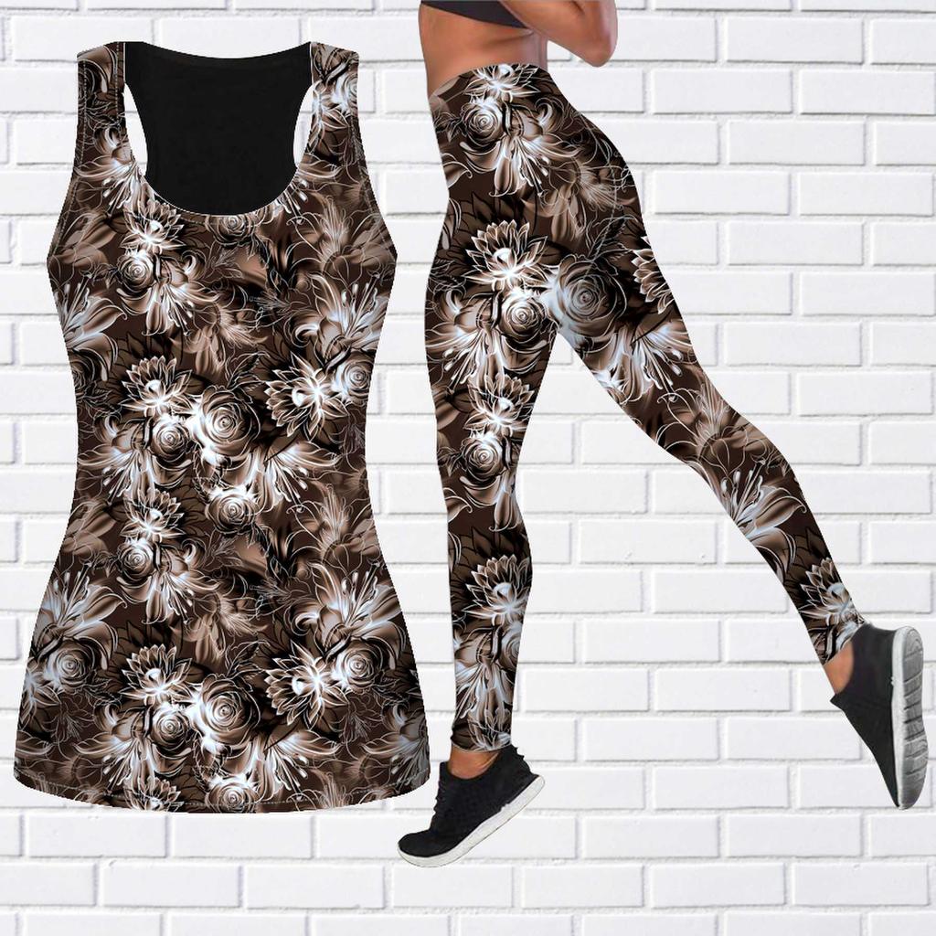 Flower Sea Rose Print Yoga Outfit for Women Fashion Workout Leggings Fitness Sports Casual Yoga Pants