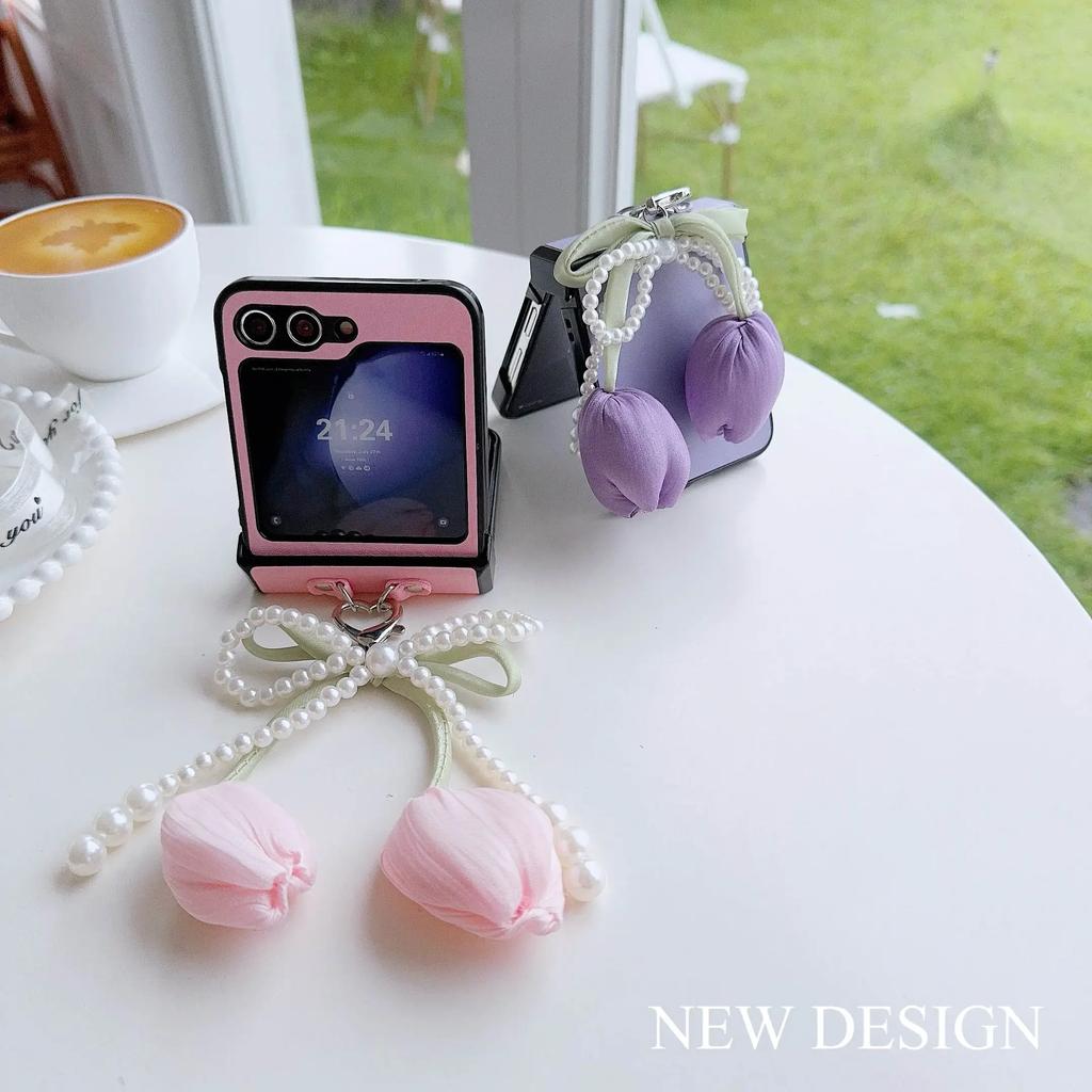 Perlen Schleife PU Leder Blume Handgelenkschlaufe Handyhülle für Samsung Galaxy Z Flip 6 5 4 3 5G Scharnierschutz Stoßfeste Hülle