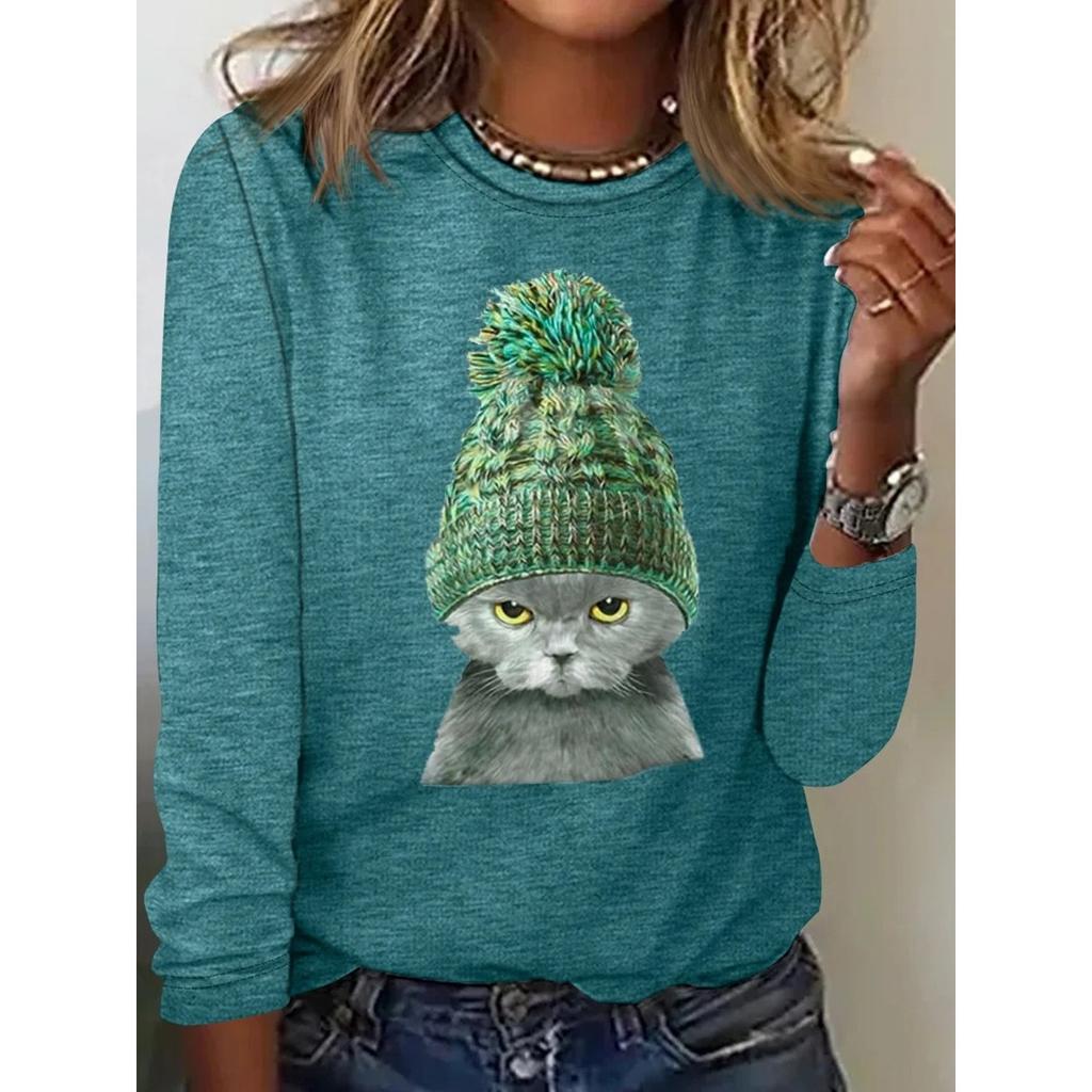 Rundhals 3D-bedrucktes Katzenmuster Top Modische Lässige Langarm Damen T-Shirts
