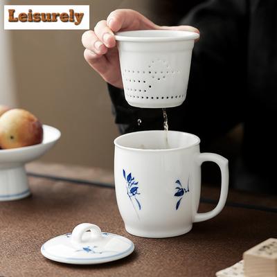 310ml Hand Drawn Butterfly Orchid Office Cup with Lid Mug White Porcelain Tea Water Separate with Filtered Coffee Cup Drinking
