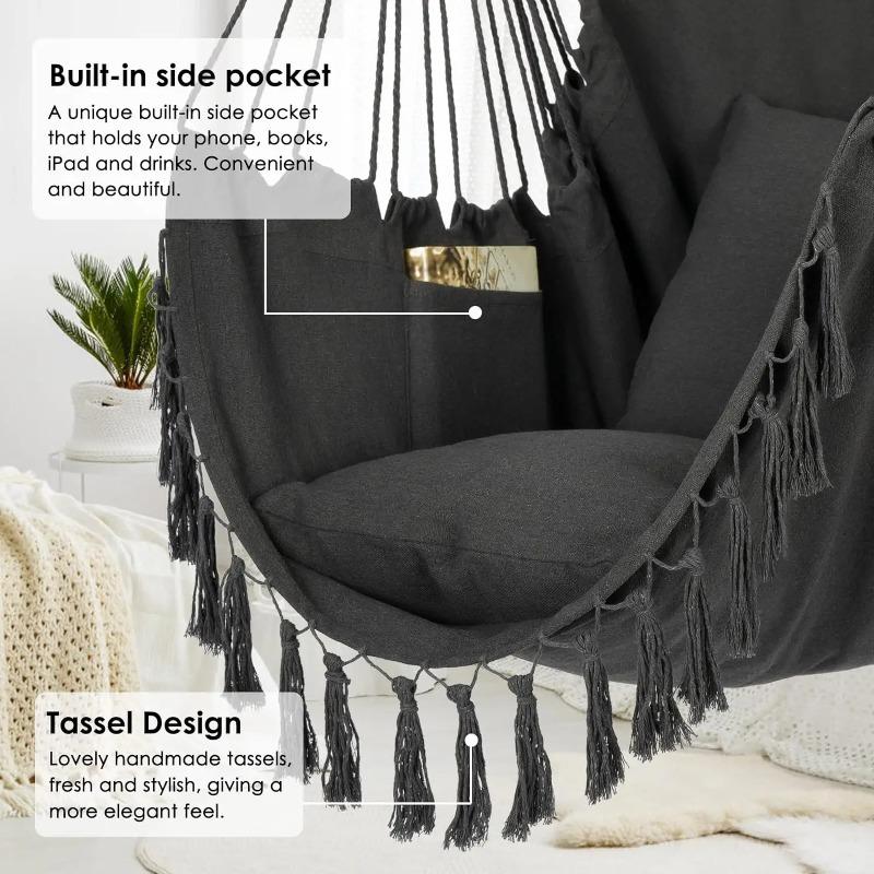 Macrame Hanging Chair with 2 Pillows | 500lb Capacity Cotton Rope Swing | Pocket Design Indoor/Outdoor Use