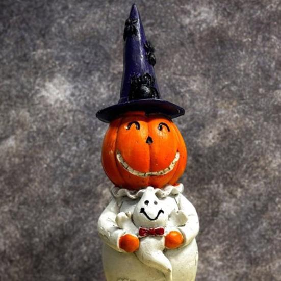 Yousheng Halloween Smiling Pumpkin Man Statue Spooky Wizard Hat Pumpkin Holding Ghost Resin Figurine Sculpture Party Home Desktop Decoration Ornament