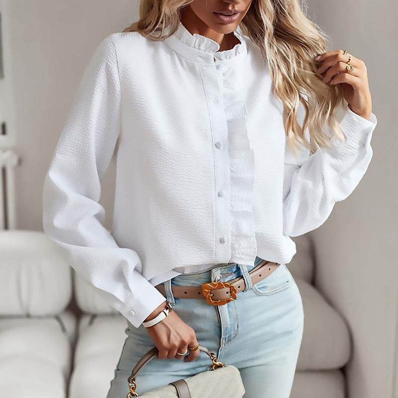 Women's Shirt Spring Long Sleeve Tops Stand Collar Striped Loose Office Women's Blouse Elegant Button Up Solid Color Casual Simple Ladies White Shirts