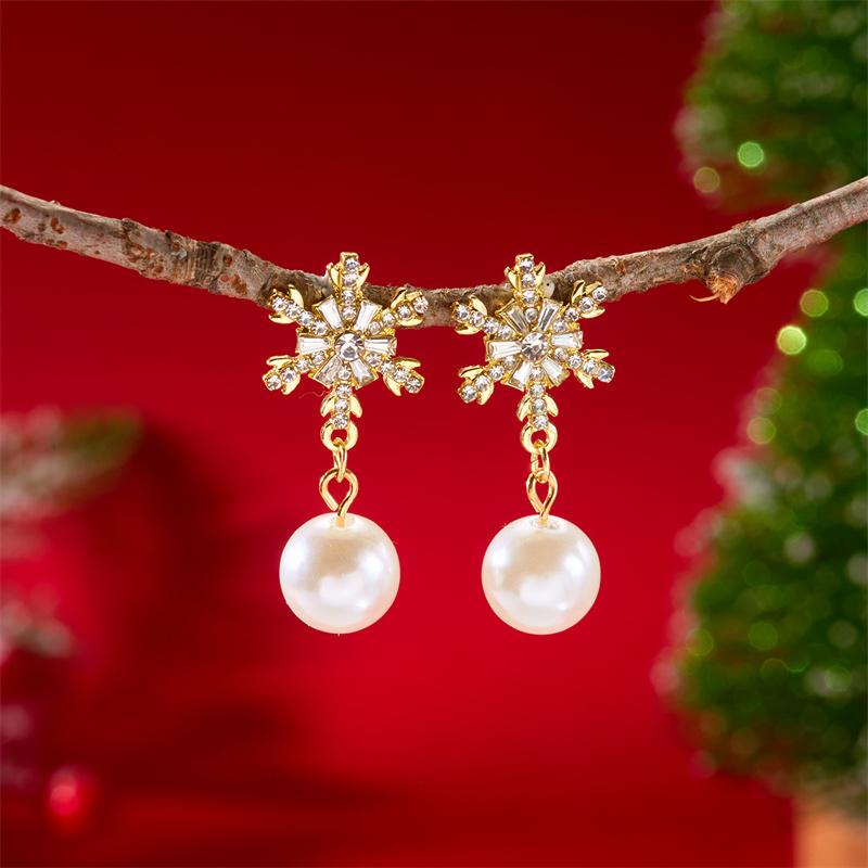 Imitation Pearl Christmas Snowflake Earrings Stud For Women Bridal Sparkling Zirconia Light Luxury Wedding Party Jewelry Gift