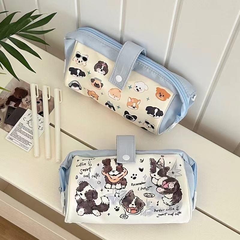 Japanese Style Large Capacity Puppy Pencil Case for Students - Canvas Stationery Storage Bag