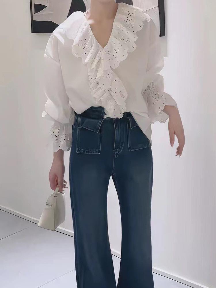 Elegant French V-Neck Ruffle Flare Sleeve Women's Top - Autumn Style