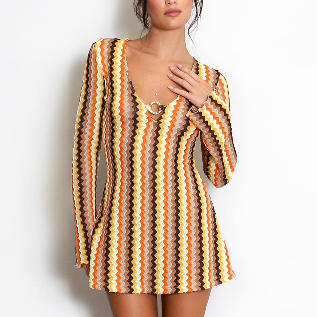 12153 European And American Autumn Women'S New Yarn-Dyed Striped Slim-Fitting Deep V-Neck Horn Long-Sleeved Hip-Wrapped Dress
