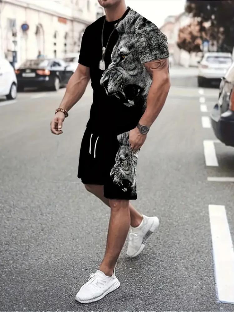 3D White Tiger Print Blue Summer Men's Short Sleeve Suit Fashion Street Short Sleeve Shorts
